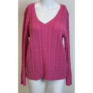 St. John's Bay Cable Knit Fisherman Preppy Sweater Womens Petite L Pink‎ Coastal